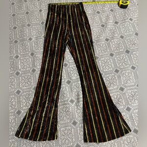 urban outfitters velvet flare leg pants, black yellow orange navy blue stripe